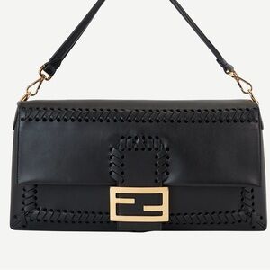 Fendi Black Leather Shoulder Bag with Gold FF Buckle and Whipstitch Trim